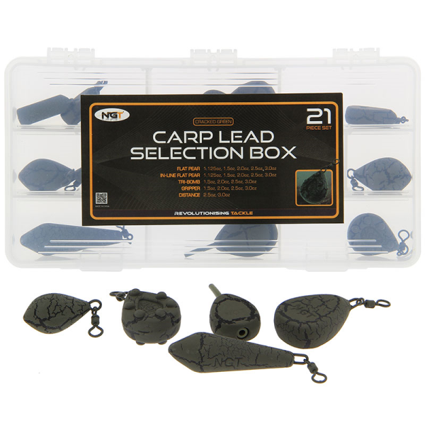 NGT Carp Lead Box - 21pc Set with Assorted Carp 'Cracked Green' Leads