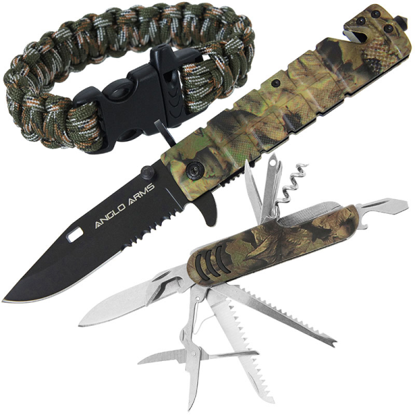 Anglo Arms Amazon Set - Camo Lock knife, Multi-Tool and Paracord Wrist Band