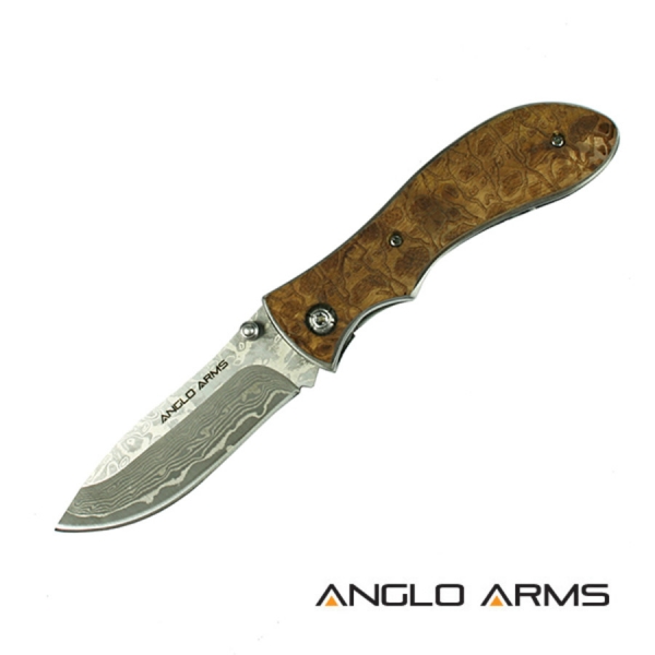 Anglo Arms Damascus Lock Knife 4'' Closed With Carved Burlood Handle 