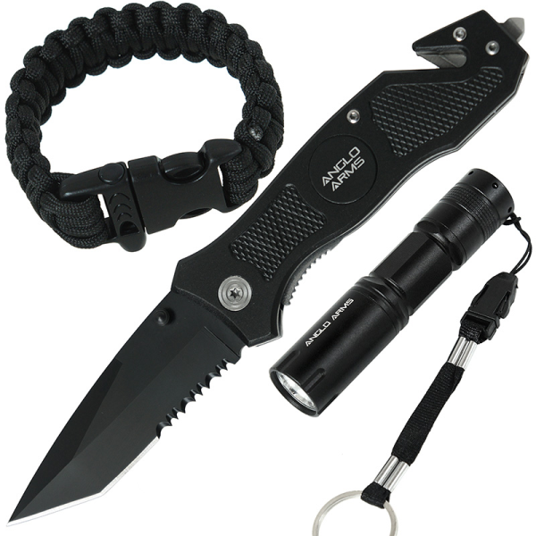 Anglo Arms knife set - Lock knife, torch and paracord wrist band with whistle.