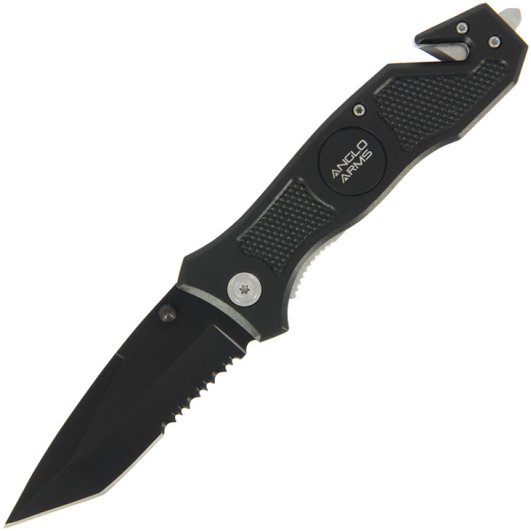 Anglo Arms Black Lock Knife With Rope Cutter, Glass Smasher and Belt Clip (043)