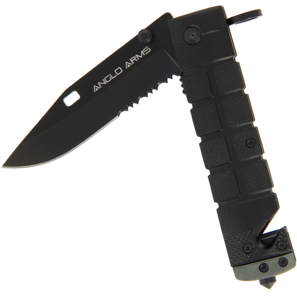 Anglo Arms Black Lock Knife With Rope Cutter, Glass Smasher and Belt Clip (571)