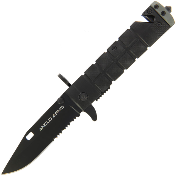 Anglo Arms Black Lock Knife With Rope Cutter, Glass Smasher and Belt Clip (571)