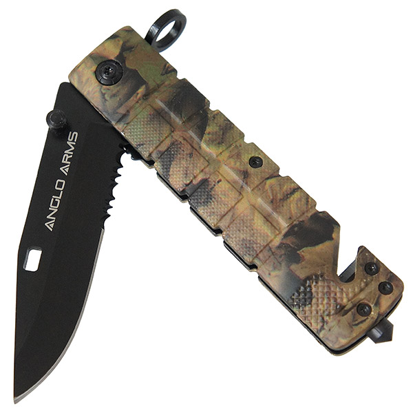 Anglo Arms Camo Lock Knife With Rope Cutter, Glass Smasher and Belt Clip (572)