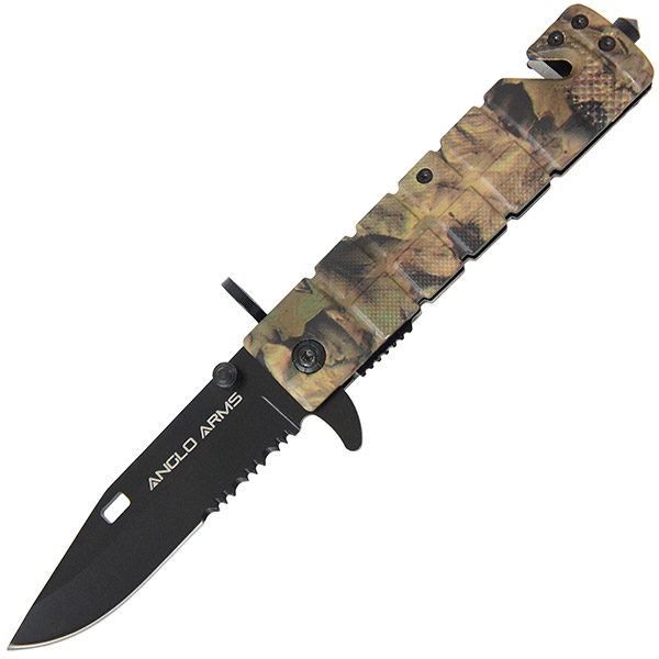 Anglo Arms Camo Lock Knife With Rope Cutter, Glass Smasher and Belt Clip (572)